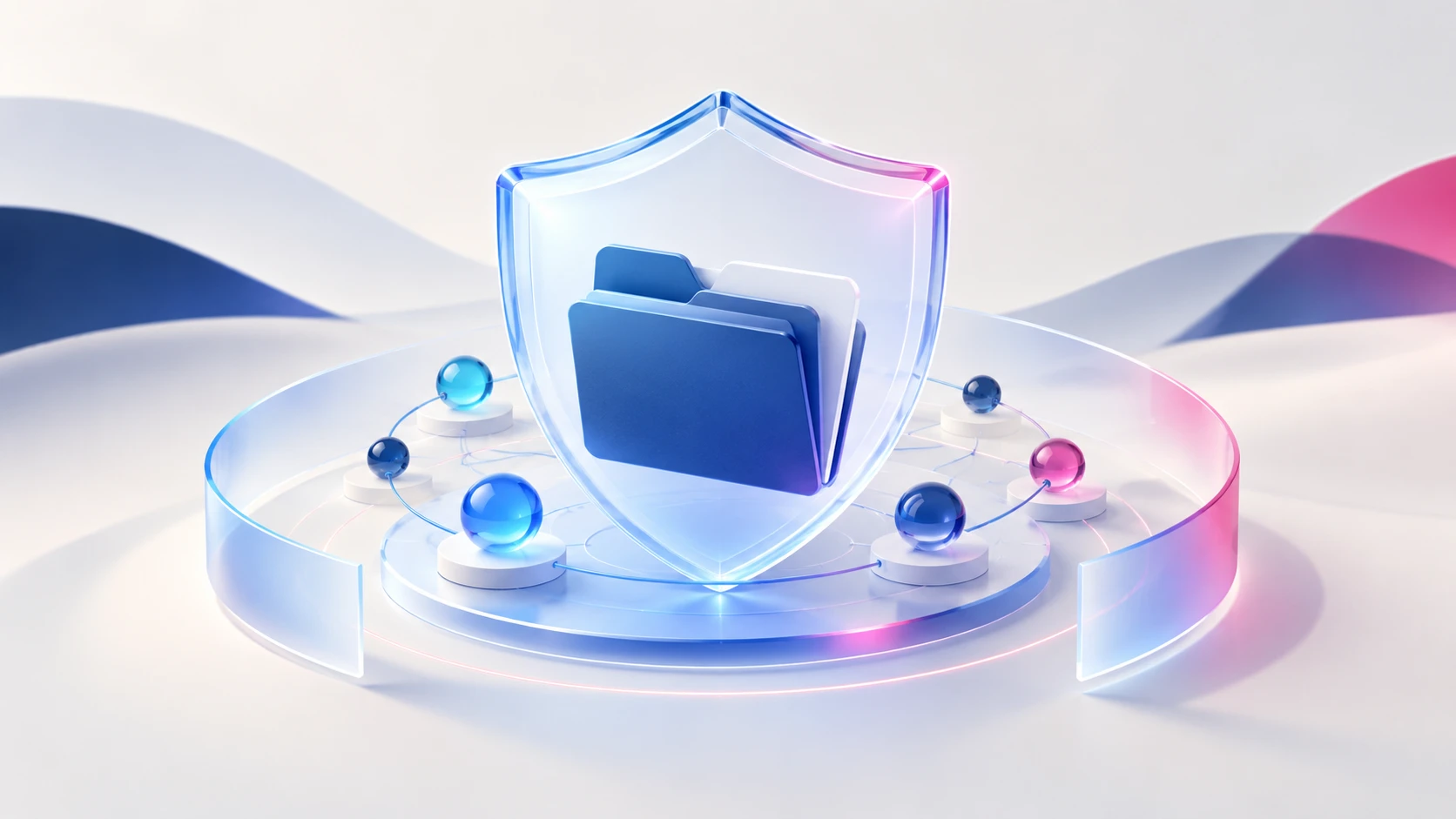 Escudo digital translúcido protegendo uma pasta e uma rede de dados, em azul e magenta.